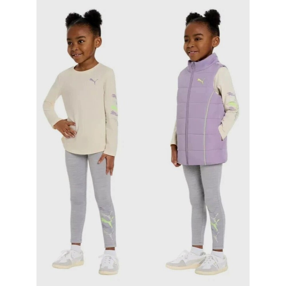 Puma Toddler Girls Size 5 3 Piece Vest Pant Long Sleeve Shirt Set Purple Gray